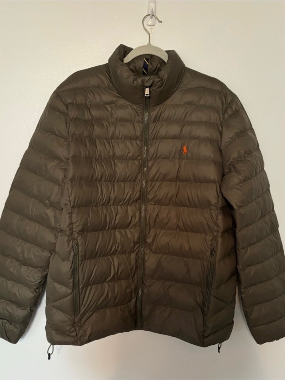 Polo by Ralph Lauren Olive Quilted Down Puffer with Orange Pony